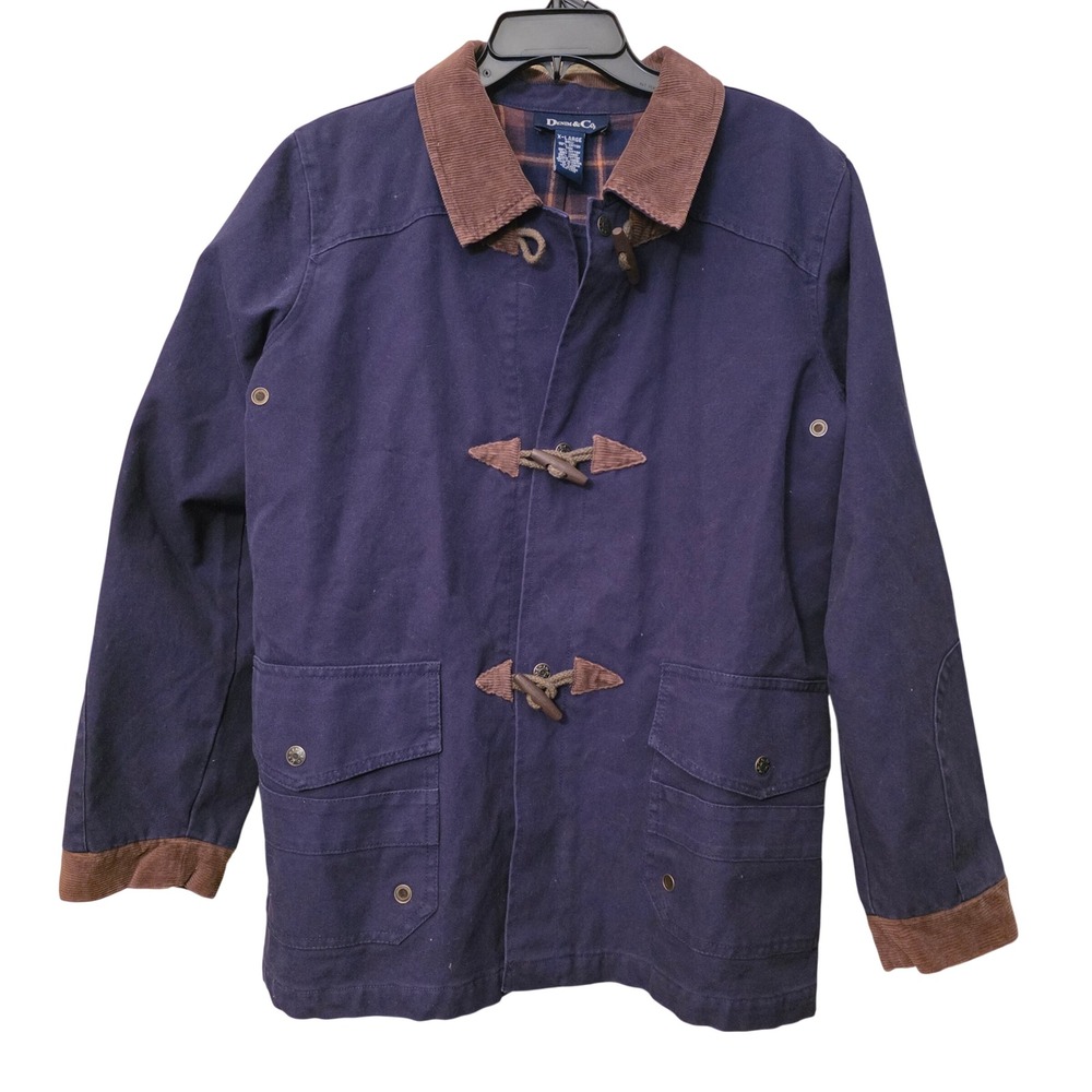 Denim & Co Navy Blue Canvas Barn Jacket Flannel Lined Toggle Corduroy XL